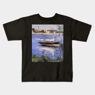 anchored boat on the seine at argenteuil - Gustave Caillebotte Kids T-Shirt